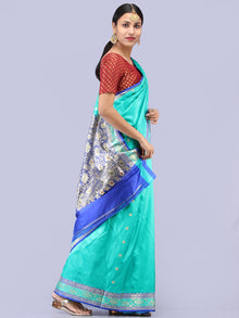 Banarasee Katan Silk Handloom Saree With Zari Work - Sea Green Blue Silver - S031704294