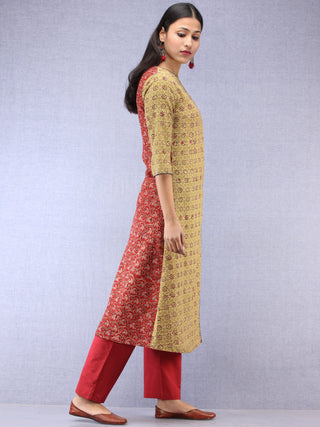 Olive Green Red Black Ajrakh Hand Block Printed Kurta With Front Slit  - K61F1628