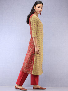 Olive Green Red Black Ajrakh Hand Block Printed Kurta With Front Slit  - K61F1628