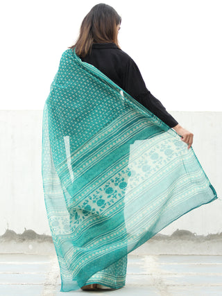 Sea Green Ivory Hand Block Printed Kota Doria Saree  - S031704074