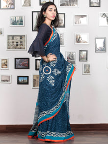 Indigo White Sky Blue Hand Block Printed Cotton Mul Saree With  Orange Border & Mirror Work  - S031703021