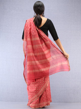 Pink Ivory Hand Block Printed Maheshwari Silk Saree With Zari Border - S031704485