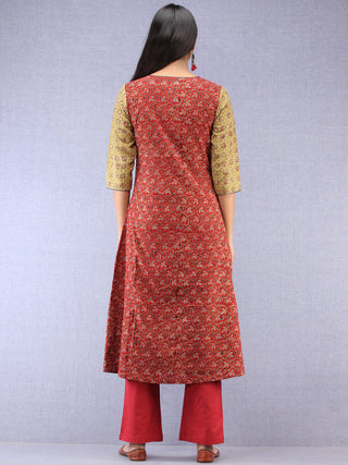 Olive Green Red Black Ajrakh Hand Block Printed Kurta With Front Slit  - K61F1628