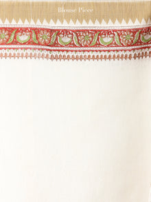 White Rosewood Green Chanderi Hand Block Printed Saree With Geecha Border - S031704460