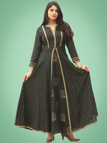 Zafra - Green Gold Printed Long Panel Dress - D397FDDD