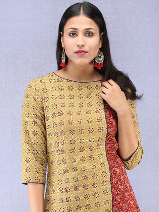 Olive Green Red Black Ajrakh Hand Block Printed Kurta With Front Slit  - K61F1628