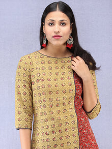 Olive Green Red Black Ajrakh Hand Block Printed Kurta With Front Slit  - K61F1628
