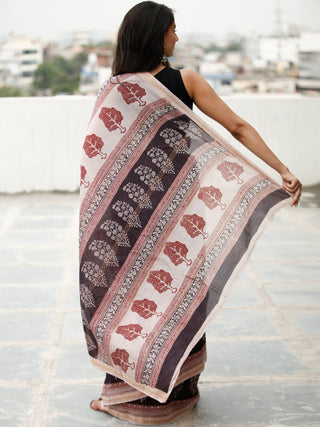 Black Beige Maroon Bagh Hand Block Printed Maheswari Silk Saree - S031703823