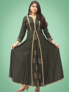 Zafra - Green Gold Printed Long Panel Dress - D397FDDD
