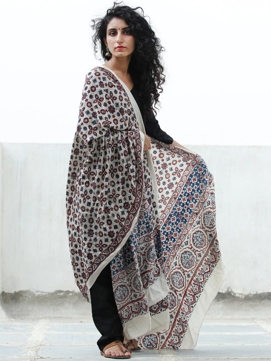 Ivory Indigo Red Ajrakh Hand Block Printed Modal Silk Dupatta - D04170374