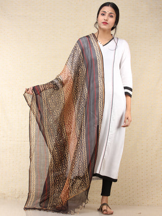 Beige Black Red Chanderi Hand Block Printed Dupatta - D04170764
