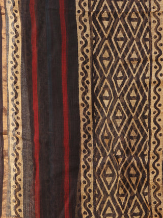 Beige Black Red Chanderi Hand Block Printed Dupatta - D04170764
