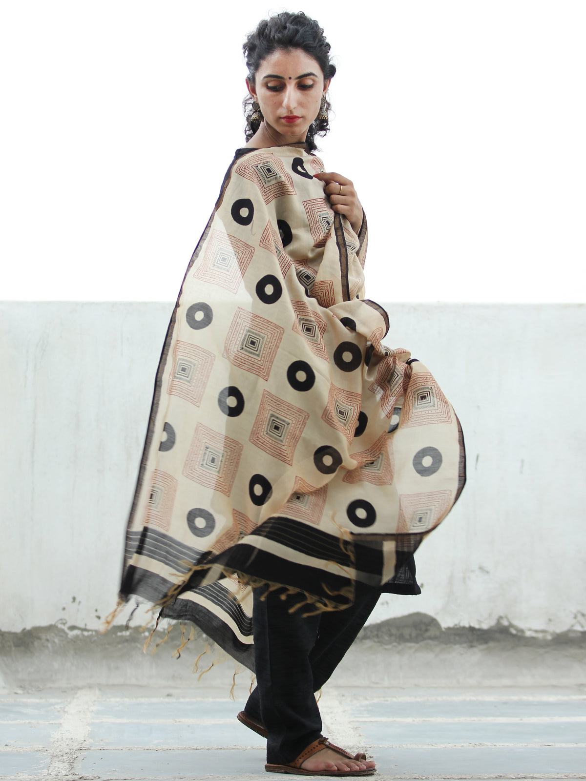 Beige Black Red Chanderi Hand Block Printed Dupatta - D04170375