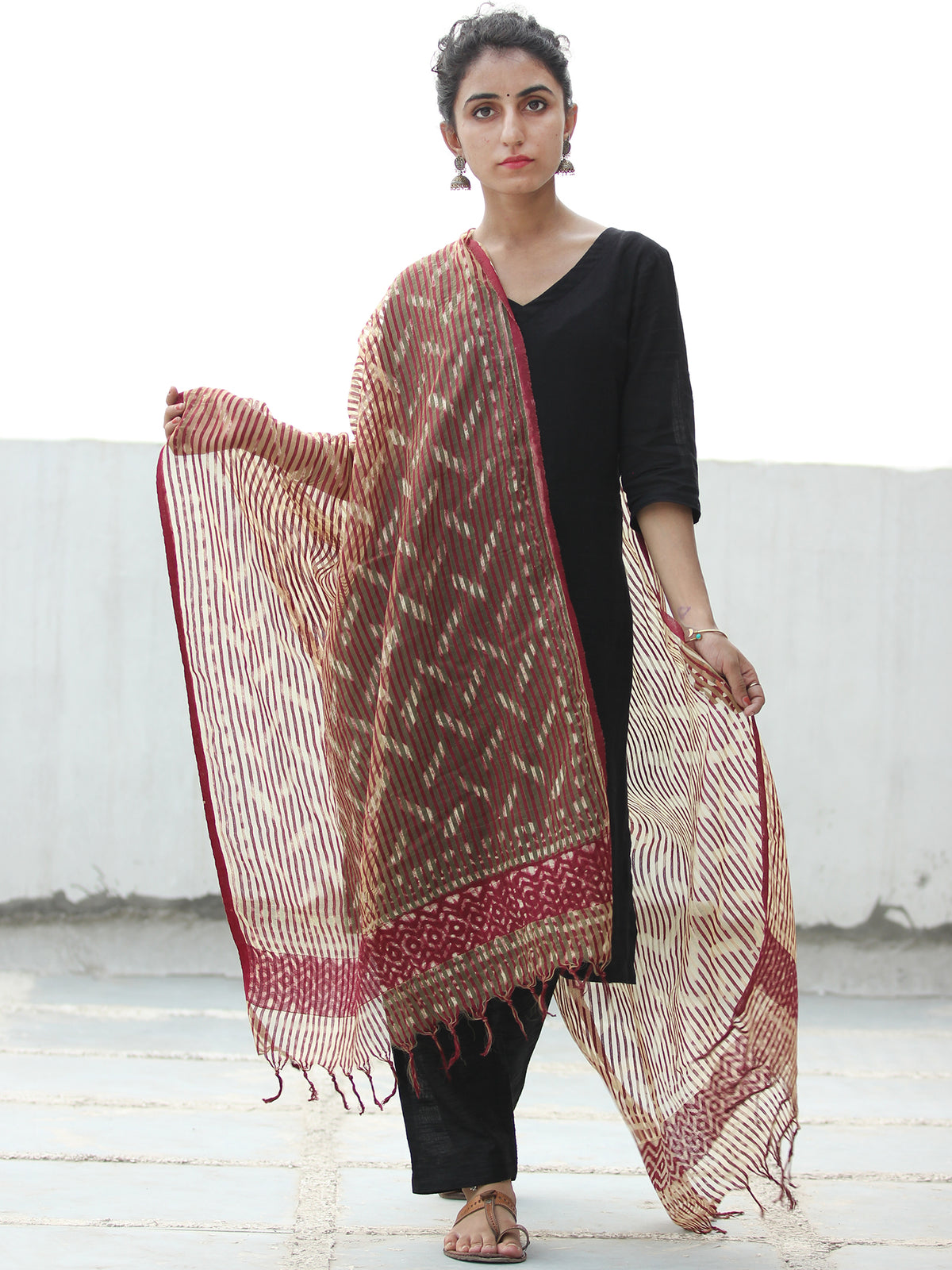 Cherry Red Ivory Cotton Art Silk Hand Block Printed Dupatta  - D04170526
