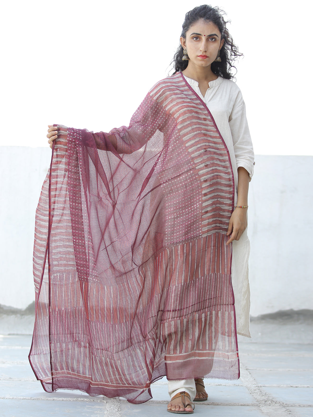 Plum Pink Ivory Kota Doria Cotton Hand Block Printed Dupatta  - D04170614
