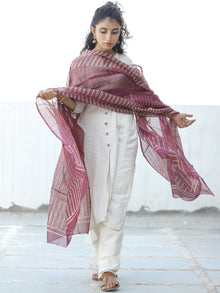 Plum Pink Ivory Kota Doria Cotton Hand Block Printed Dupatta  - D04170614