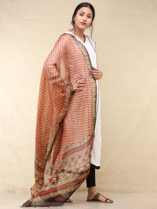 Beige Black Red Kota Silk Hand Block Printed Dupatta - D04170766