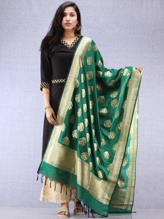 Banarasi Kanni Silk Dupatta With Zari Work - Bottle Green & Gold - D04170871