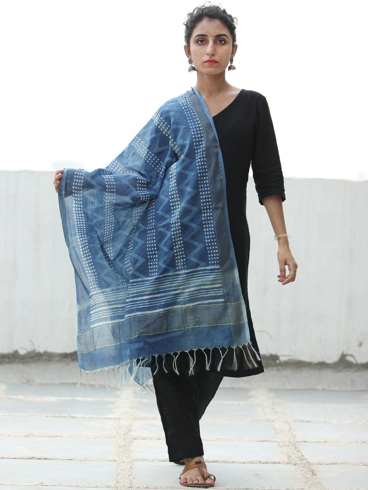 Indigo White Chanderi Hand Block Printed Stole - D04170527