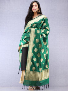 Banarasi Kanni Silk Dupatta With Zari Work - Bottle Green & Gold - D04170871