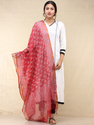 Rose Red Kota Silk Hand Block Printed Dupatta - D04170768
