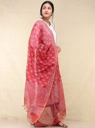 Rose Red Kota Silk Hand Block Printed Dupatta - D04170768