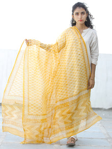 Yellow White Kota Doria Cotton Hand Block Printed Dupatta  - D04170618