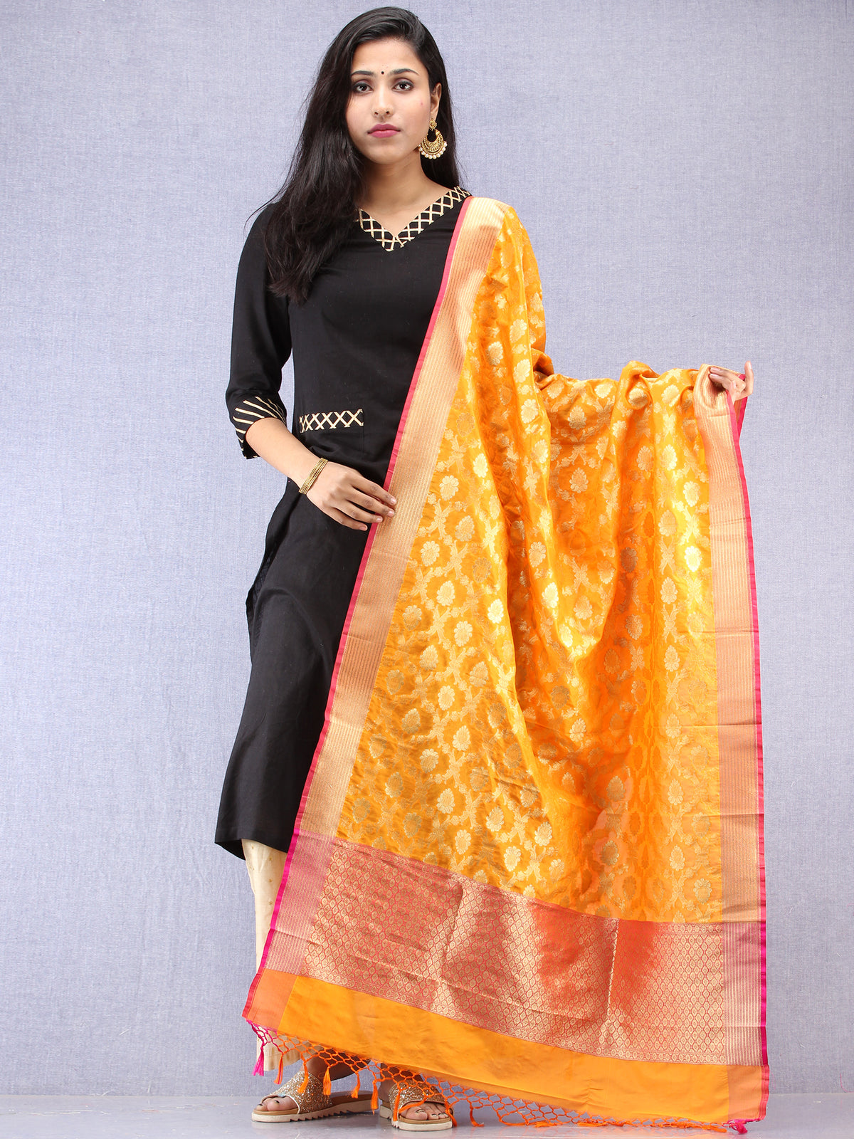 Banarasi Kanni Silk Dupatta With Zari Work - Yellow Red & Gold - D04170873