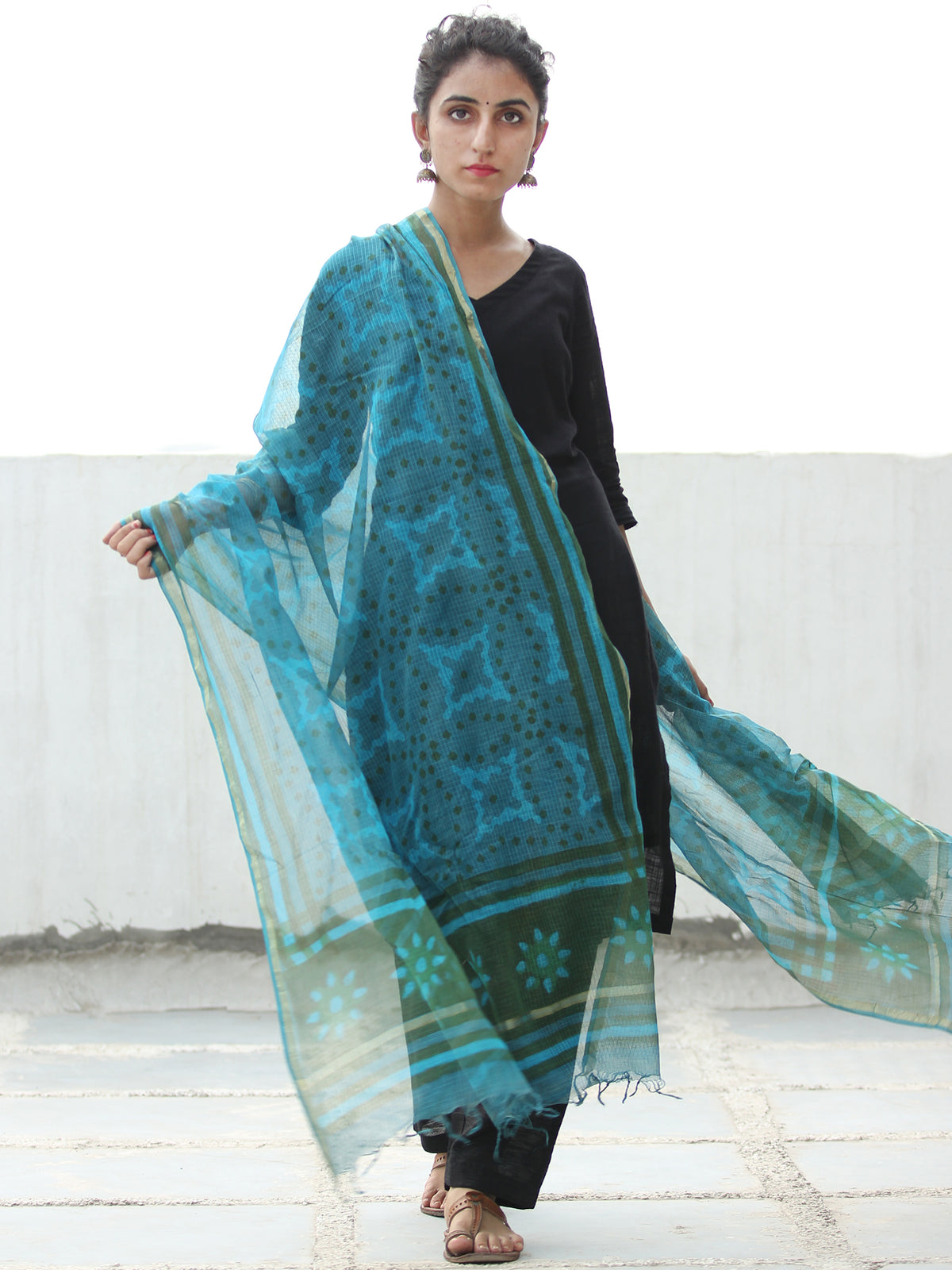 Teal Blue Dark Grey Kota Silk Hand Block Printed Dupatta - D04170529