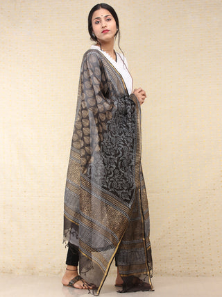 Black Indigo Kota Silk Hand Block Printed Dupatta - D04170769