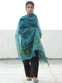 Teal Blue Dark Grey Kota Silk Hand Block Printed Dupatta - D04170529