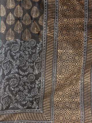 Black Indigo Kota Silk Hand Block Printed Dupatta - D04170769