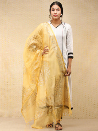 Yellow Kota Silk Hand Block Printed Dupatta - D04170770