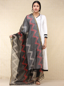 Black Red Kota Silk Hand Block Printed Dupatta - D04170771