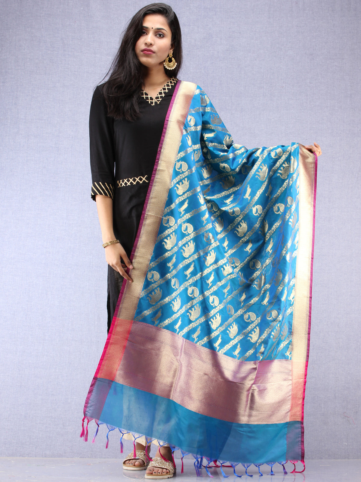 Banarasi Kanni Silk Dupatta With Zari Work - Blue Hot Pink & Gold - D04170875