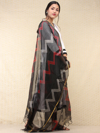 Black Red Kota Silk Hand Block Printed Dupatta - D04170771