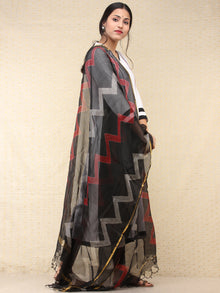 Black Red Kota Silk Hand Block Printed Dupatta - D04170771