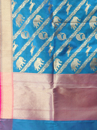 Banarasi Kanni Silk Dupatta With Zari Work - Blue Hot Pink & Gold - D04170875