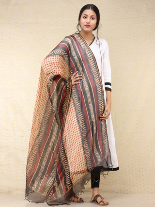 Beige Black Red Kota Silk Hand Block Printed Dupatta - D04170772