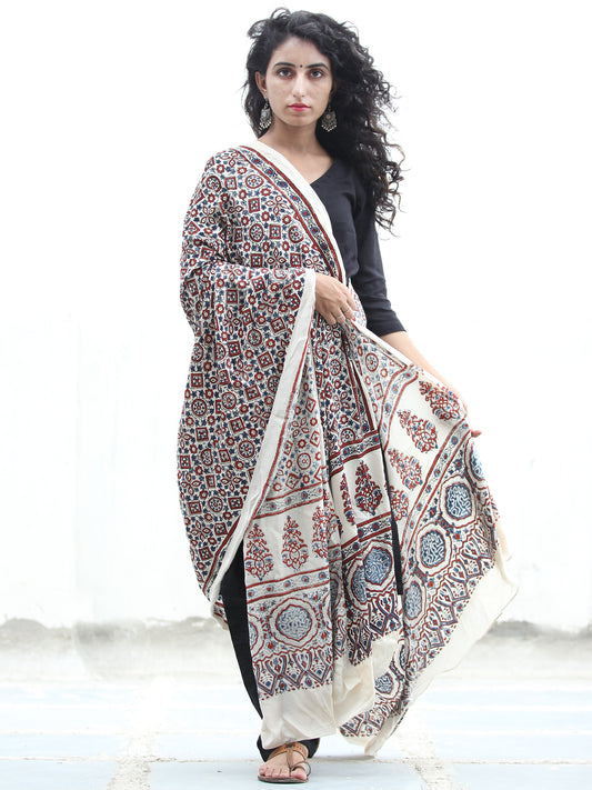 Ivory Indigo Red Ajrakh Hand Block Printed Modal Silk Dupatta - D04170381