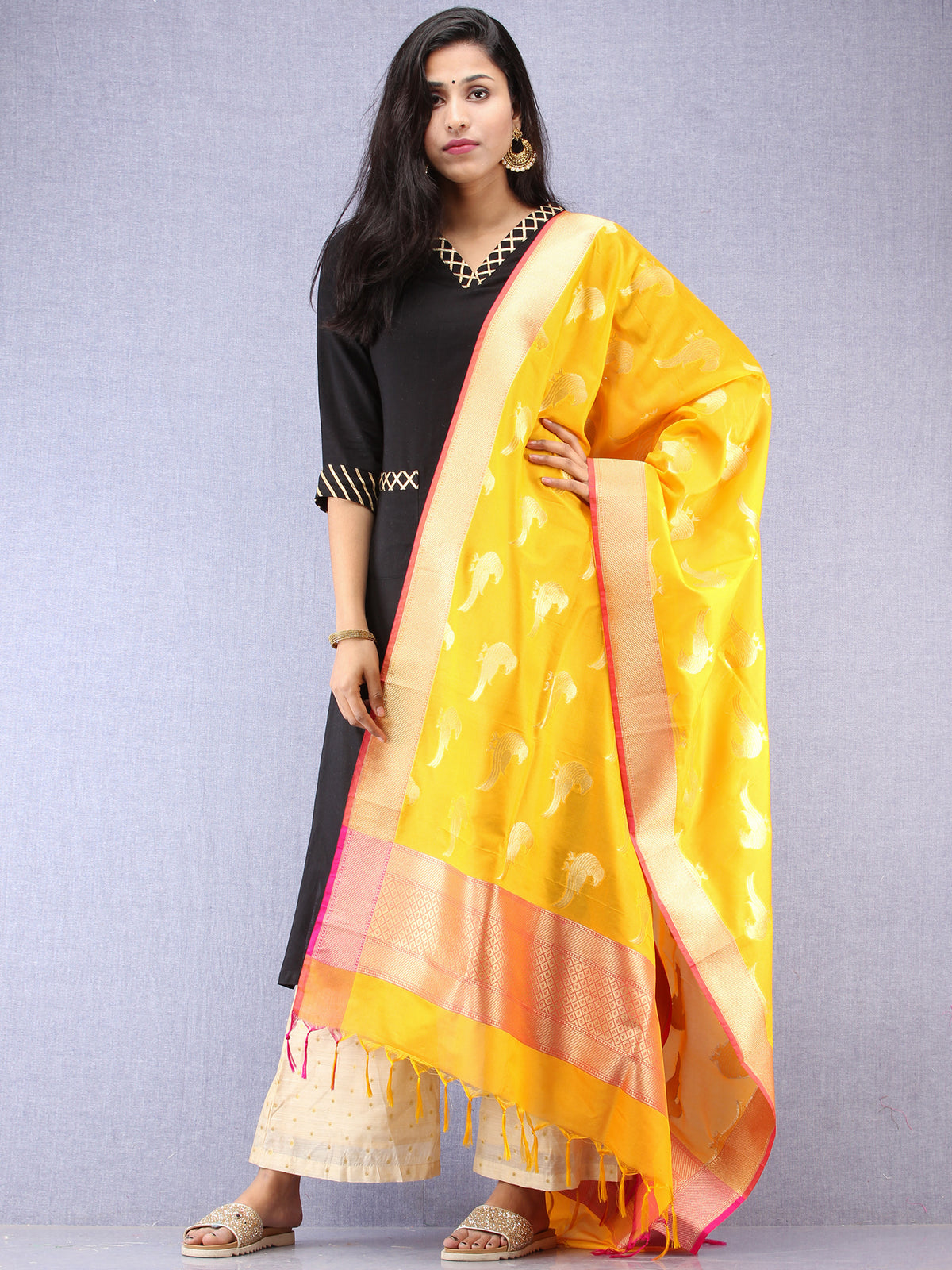 Banarasi Kanni Silk Dupatta With Zari Work - Yellow & Gold - D04170876