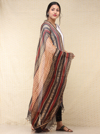 Beige Black Red Kota Silk Hand Block Printed Dupatta - D04170772
