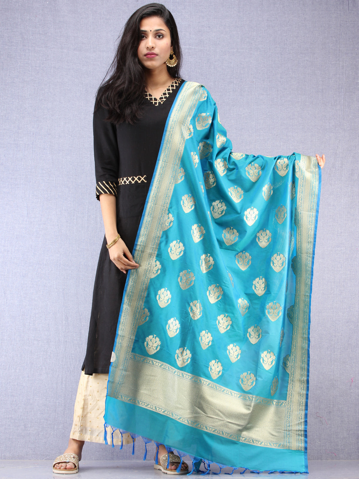 Banarasi Kanni Silk Dupatta With Zari Work - Blue & Gold - D04170877