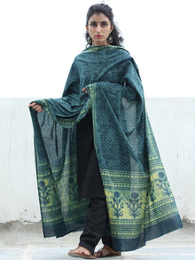 Indigo Green Yellow  Handloom Cotton Hand Block Printed Dupatta - D04170383