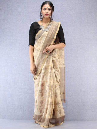 Kashish Ivory Hand Block Printed Maheshwari Silk Saree With Zari Border - S031704486