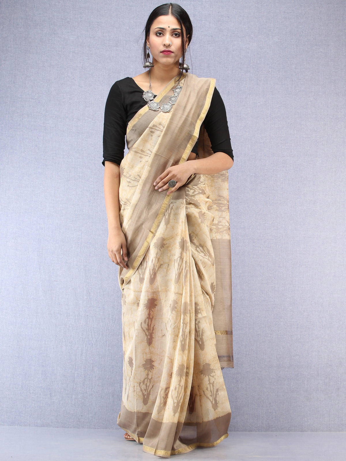Kashish Ivory Hand Block Printed Maheshwari Silk Saree With Zari Border - S031704486