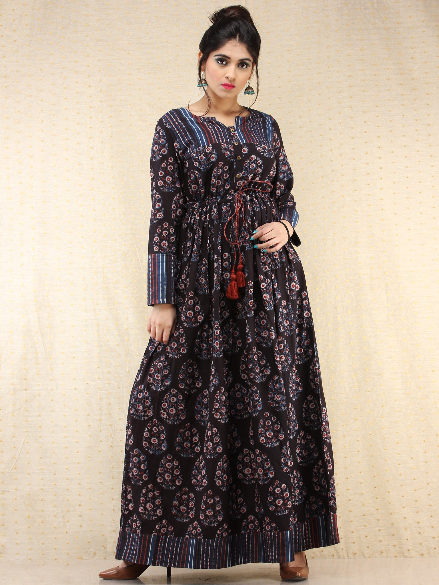 Tamanna - Hand Block Printed Long Cotton Dress - D389F1837 – InduBindu
