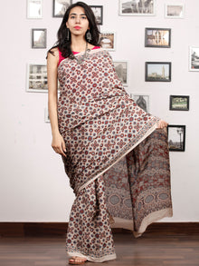 Beige Red Indigo Mughal Nakashi Ajrakh Hand Block Printed  Cotton Mul Saree - S031704068