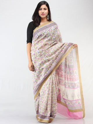 White Lilac Hand Block Printed Chanderi Saree With Geecha Border - S031704461