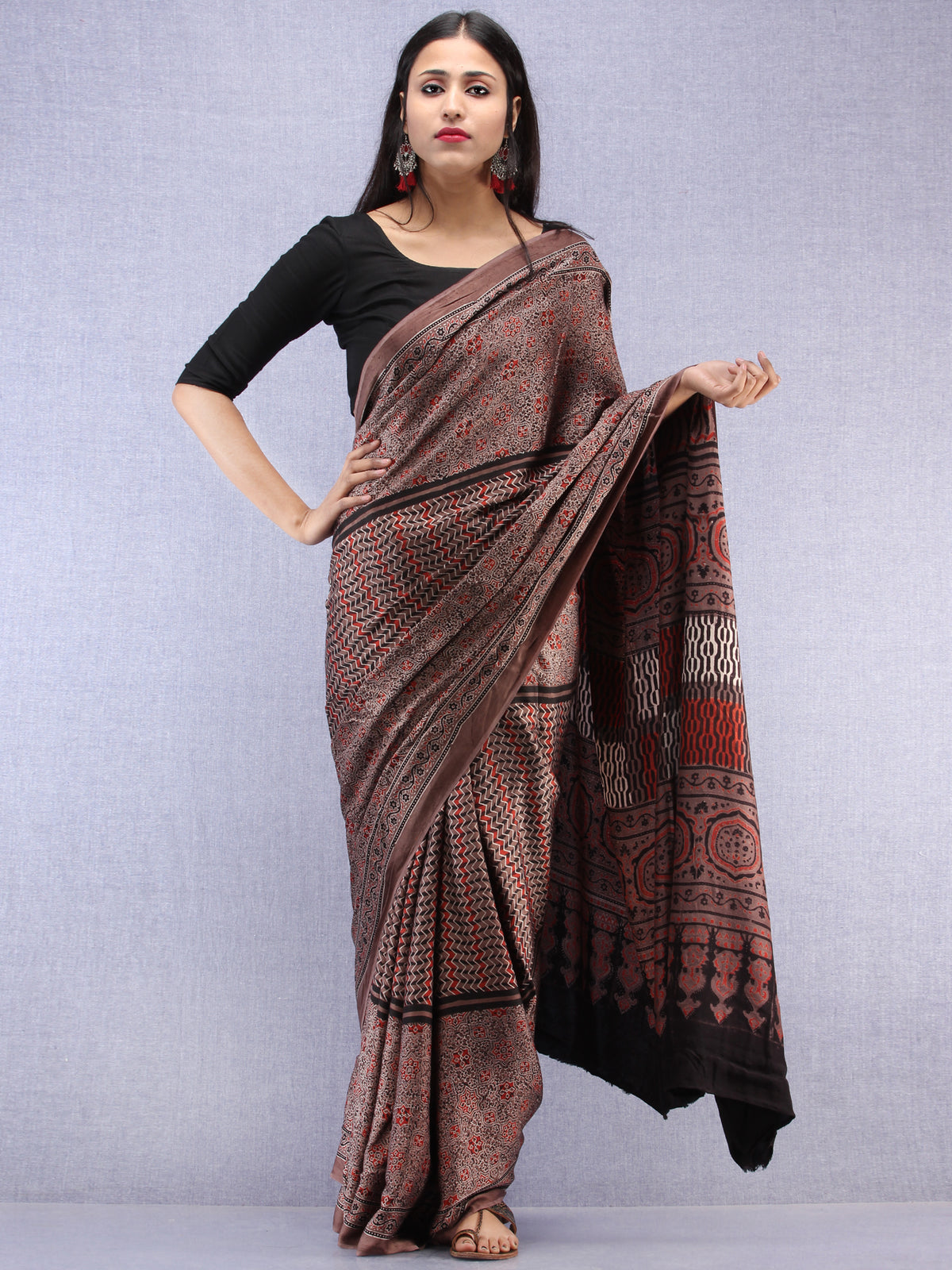 Kashish Beige Black Ajrakh Hand Block Printed Modal Silk Saree - S031704450